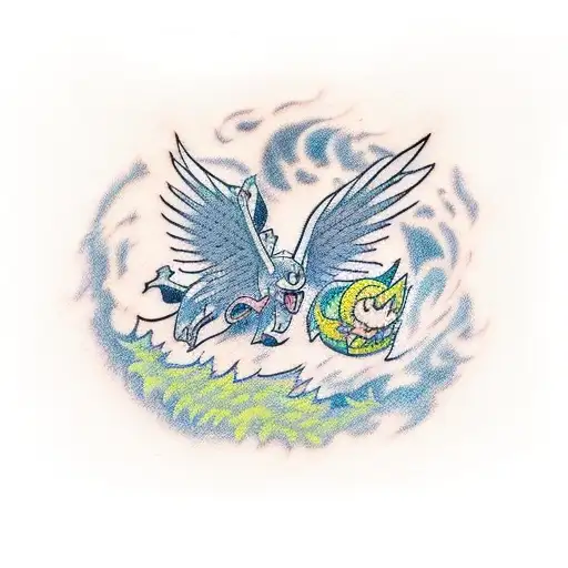 A traditional style tattoo of a witch Pokemon flying over Charlie, Theo, and Maddie playing in a spooky forest tattoo design idea