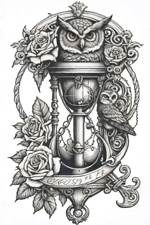 Anchor, Owl, Black roses intertwined with an hourglass with added keys tattoo design idea