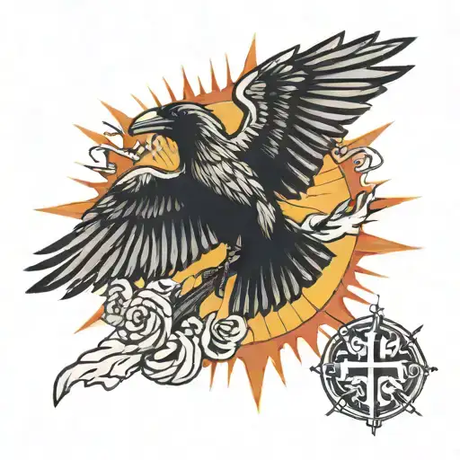 Crow with outstretched wings in front of the blazing hot sun carrying the christian cross, featuring the England flag tattoo design idea