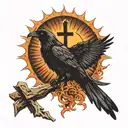 Crow with outstretched wings in front of the blazing hot sun carrying the cross, which is also glowing tattoo design idea