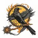 Crow with outstretched wings in front of the blazing hot sun carrying the cross, which is also glowing tattoo design idea