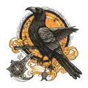 Crow with outstretched wings in front of the blazing hot sun carrying the cross, which is also glowing tattoo design idea