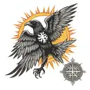 Crow with outstretched wings in front of the blazing hot sun carrying the christian cross, featuring the England flag tattoo design idea