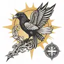 Crow with outstretched wings in front of the blazing hot sun carrying the christian cross, featuring the England flag tattoo design idea