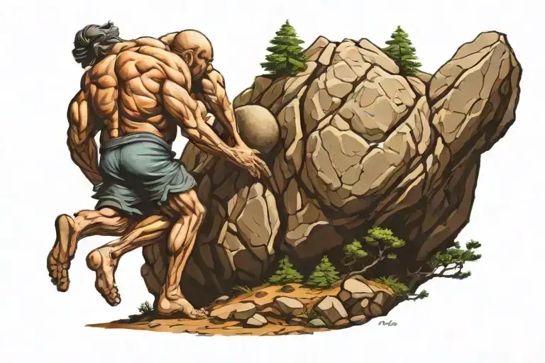 Sisyphus dragging a stone up a mountain tattoo design idea