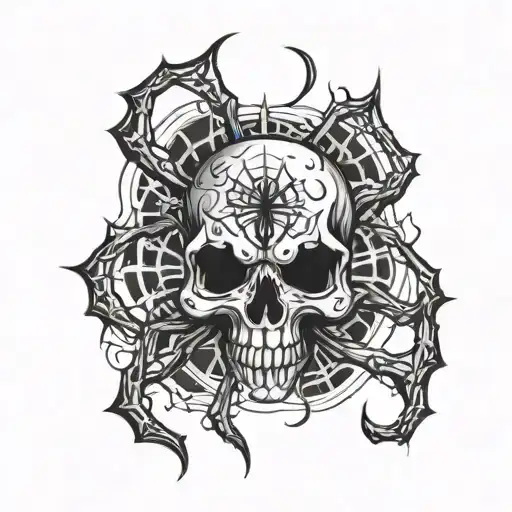 A tattoo design combining a skull and a spider in a gothic style tattoo design idea