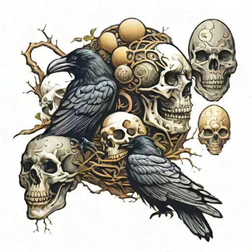 ravens, skull eggs, full arm sleeve dark tone and sad and angey tattoo design idea