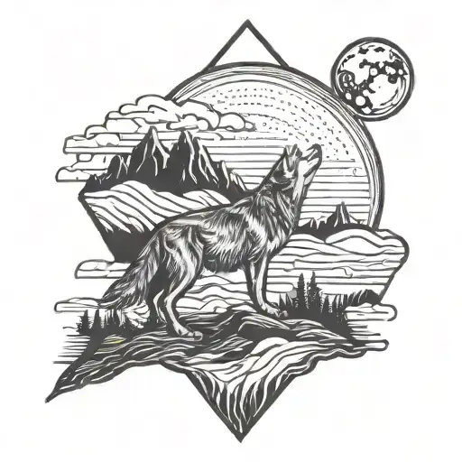 A stylized coyote howling at the moon with a mountain range in the distance tattoo design idea