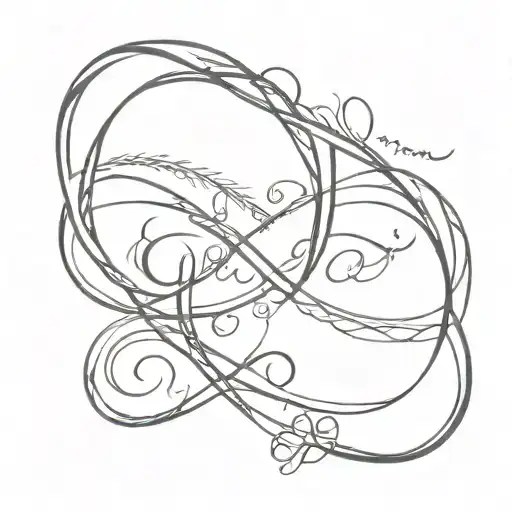 an infinity symbol made of 4 names intertwined the names are 'Ran' 'Roi' 'Gali' 'Pazit' in curasive font, infinity symbo tattoo design idea