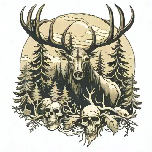 forest scene with bull elk skull  tattoo design idea