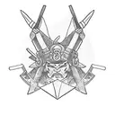 A fierce samurai warrior folding an origami crane with intricate details tattoo design idea