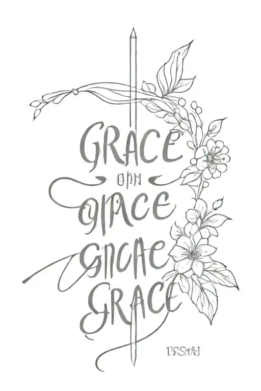 Grace upon grace written vertically on upper back with simple and minimalistic flowering on a FINE LINE TATTOO tattoo design idea