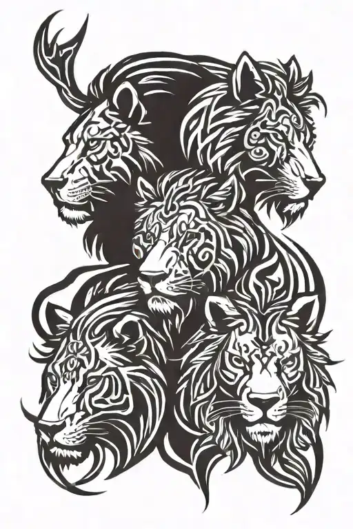 lion, wolf and bison head tattoo design idea