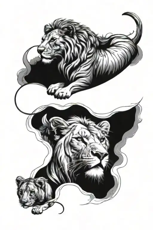 music stave flowing around a female lion and her 3 cubs tattoo design idea