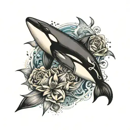 just black tatto with an orca out of fine lines which is  chaising an shark tattoo design idea