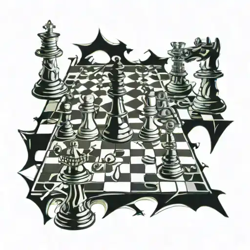 warped chess set and chess bord that has a crack down it spliting the peices with some peices falling in it   tattoo design idea