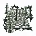 warped chess set and chess bord that has a crack down it spliting the peices with some peices falling in it   tattoo design idea