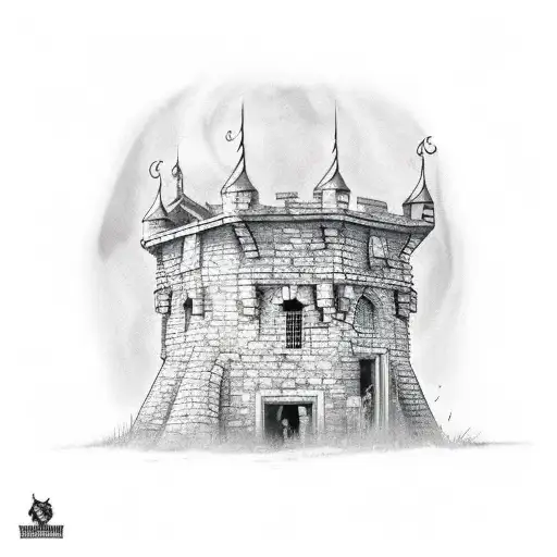 An abandoned and broken down tall medieval guard tower tattoo design idea