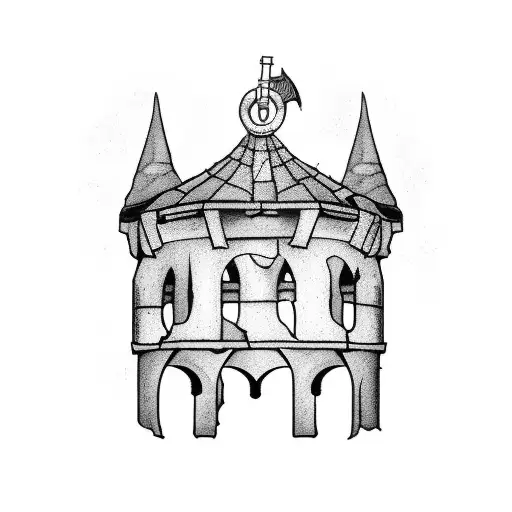 An abandoned and broken down medieval guard tower tattoo design idea