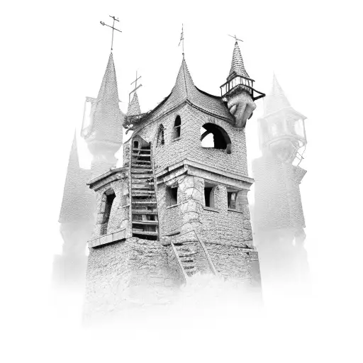 An abandoned and broken down medieval guard tower tattoo design idea