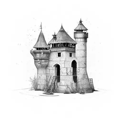 An abandoned and broken down medieval guard tower tattoo design idea
