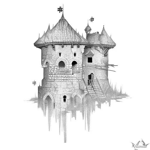 An abandoned and broken down medieval guard tower tattoo design idea