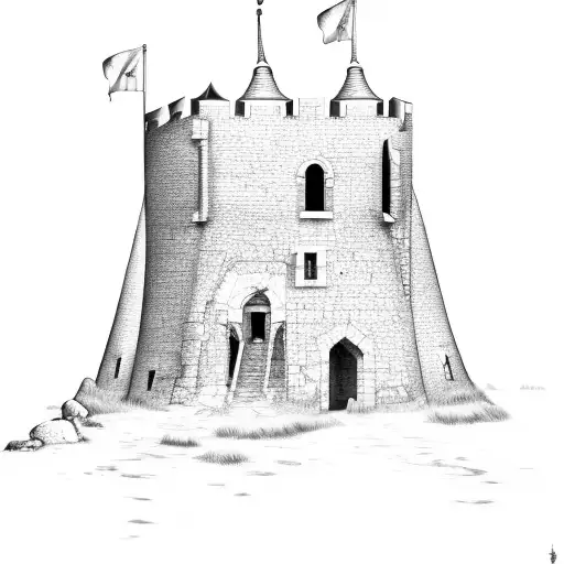 An abandoned and broken down tall medieval guard tower tattoo design idea