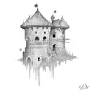 An abandoned and broken down medieval guard tower tattoo design idea