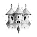 An abandoned and broken down medieval guard tower tattoo design idea