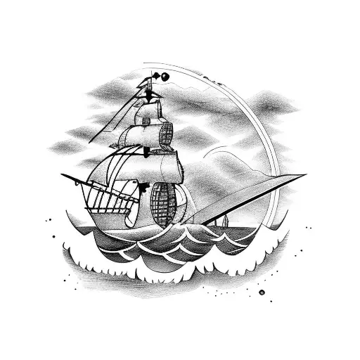 A pirate corsair ship battling through stormy seas with a compass guiding its way tattoo design idea