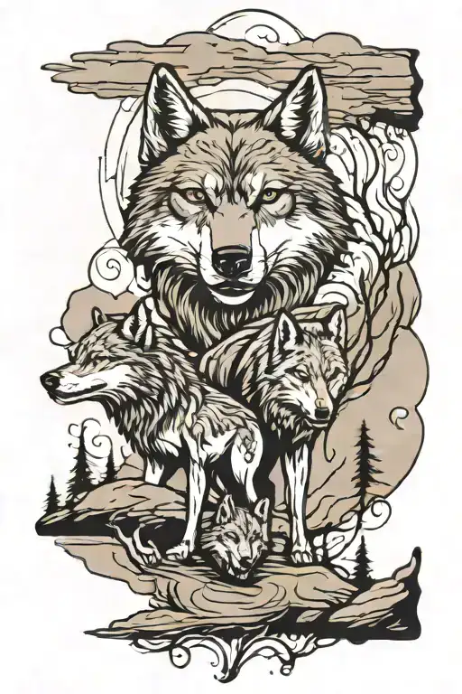 family walk this path with wolf head surrounded my mountain tattoo design idea