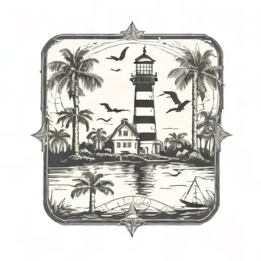 lighthouse , a harpoon, seagulls, and palmetto trees tattoo design idea
