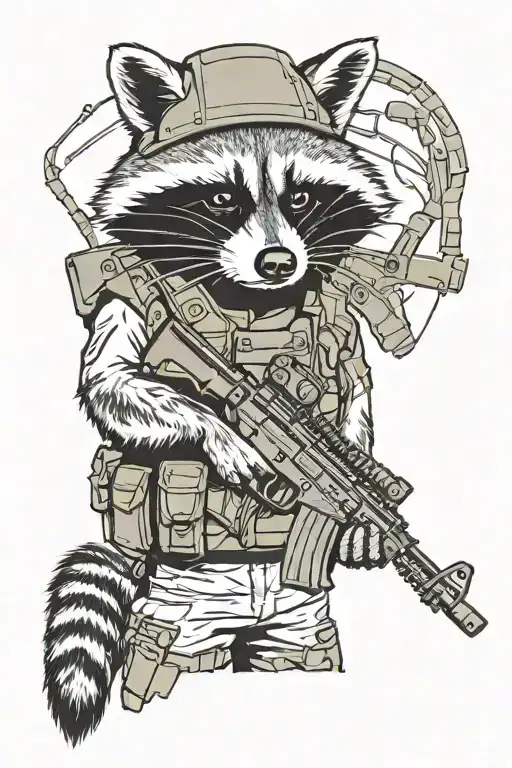 army raccoon holding a m4 rifle wearing a helmet  tattoo design idea