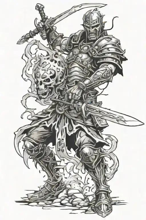 fantasy warrior fighting an undead army tattoo design idea
