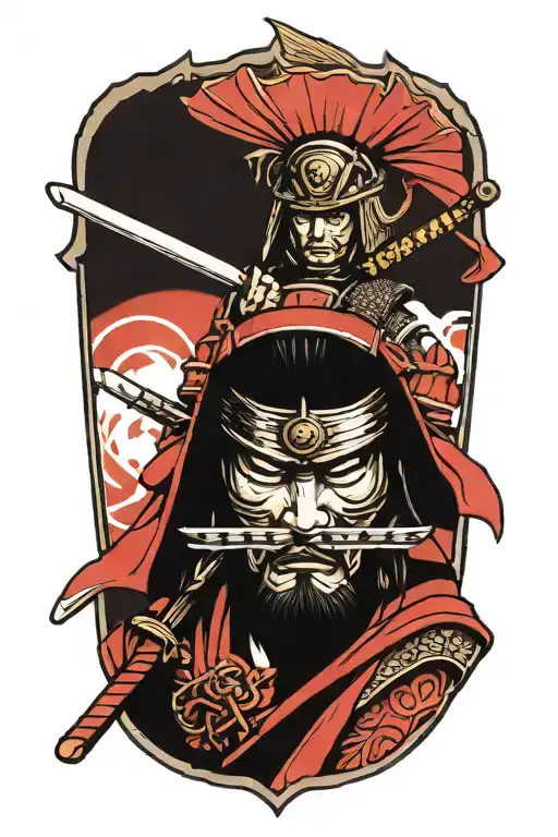 Samurai warrior wearing helmet wielding katana tattoo design idea
