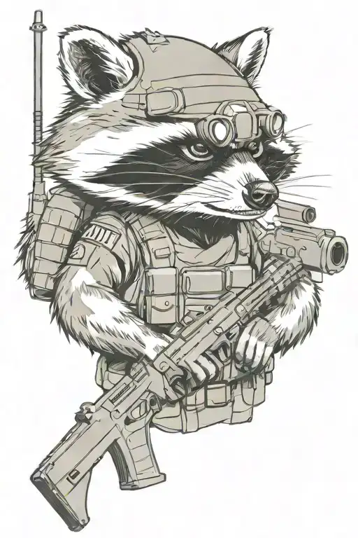 army raccoon wearing a helmet holding an m4 rifle tattoo design idea