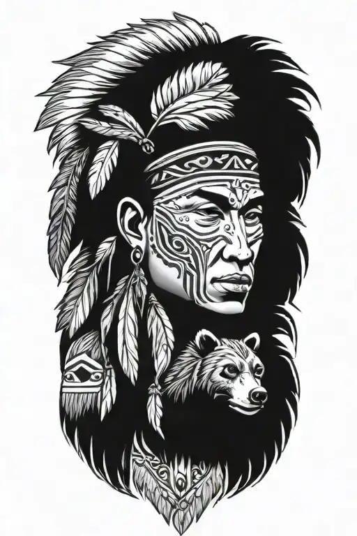 Native american with bear tattoo design idea