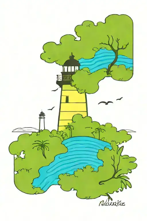 lighthouse, seagulls, palmetto trees tattoo design idea