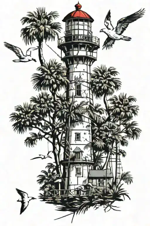lighthouse, seagulls, palmetto trees, and a large harpoon tattoo design idea