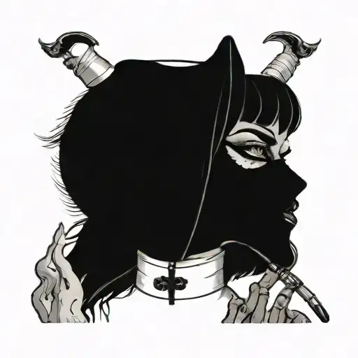 Nun with demon eyes smoking a cigarette  tattoo design idea