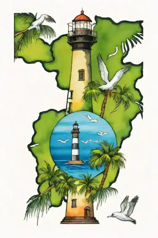 lighthouse, seagulls, palmetto trees tattoo design idea