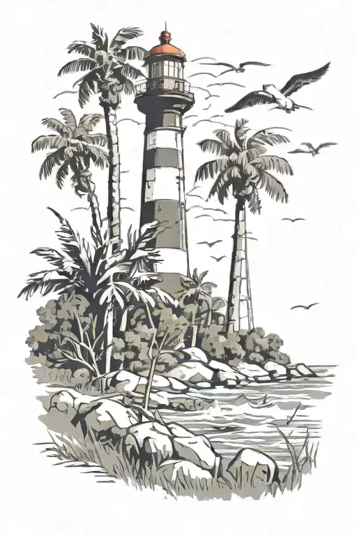 lighthouse, seagulls, palmetto trees, and a large harpoon tattoo design idea