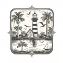 lighthouse , a harpoon, seagulls, and palmetto trees tattoo design idea