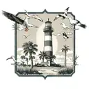 lighthouse , a harpoon, seagulls, and palmetto trees tattoo design idea