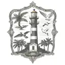 lighthouse , a harpoon, seagulls, and palmetto trees tattoo design idea