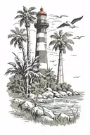 lighthouse, seagulls, palmetto trees, and a large harpoon tattoo design idea