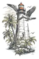 lighthouse, seagulls, palmetto trees, and a large harpoon tattoo design idea