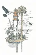 lighthouse, seagulls, palmetto trees, and a large harpoon tattoo design idea