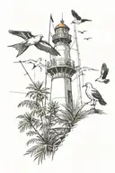 lighthouse, seagulls, palmetto trees, and a large harpoon tattoo design idea