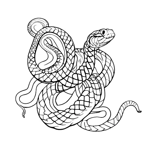 A snake coiled around a gun, with fine line details and dotwork shading tattoo design idea